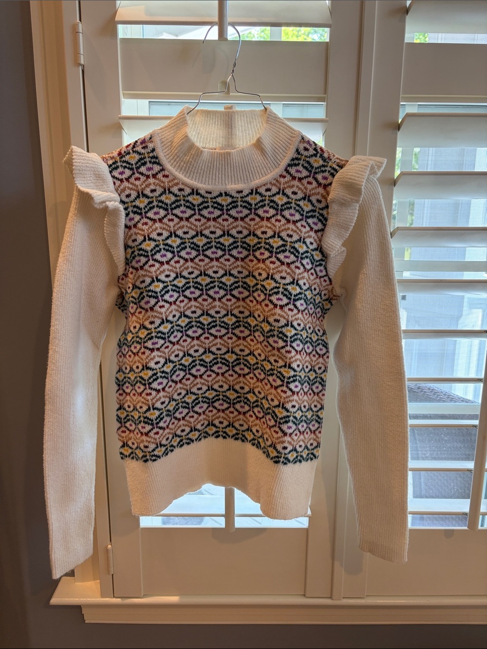 LOFT Cream Fair Isle Ruffle-Shoulder Sweater